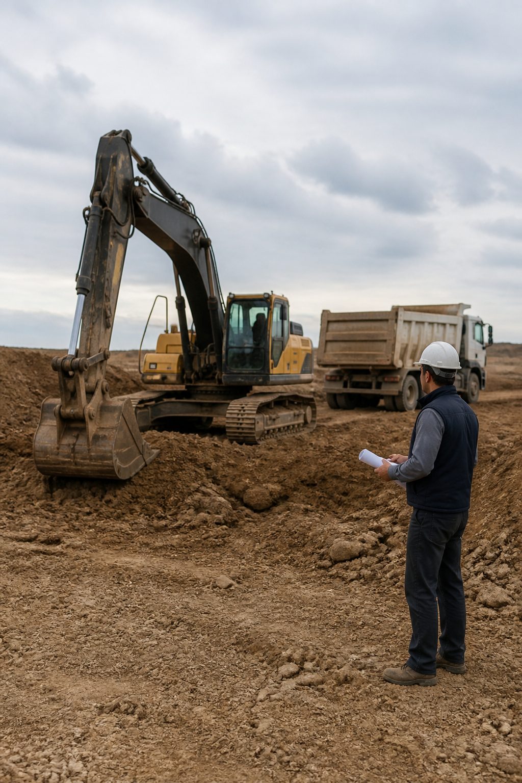 Melbourne'de bir hemzemin geçidin kaldırıldığı şantiyede, akşam ışığında vinç ve beton bariyerlerin önünde duran sarı yelekli iki mühendis, geniş açı, tren hattı arka planda bulanık.