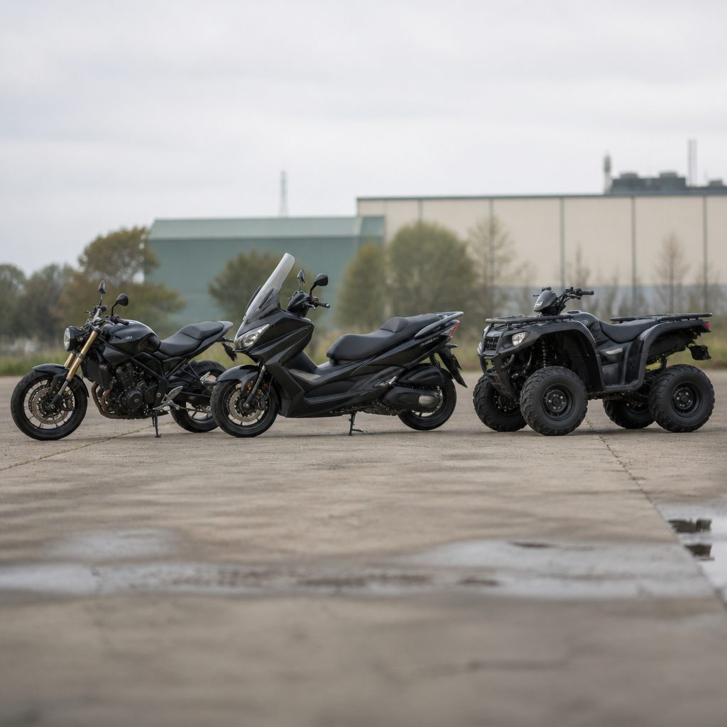 Beton zeminde yan yana duran bir naked motosiklet, bir maxi scooter ve bir 200 cc ATV, tekerlek ve sele yüksekliği farklarını gösterecek biçimde profilden
